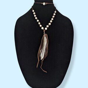 V. Freshwater Pearl & Leather Tassel Pendant Necklace